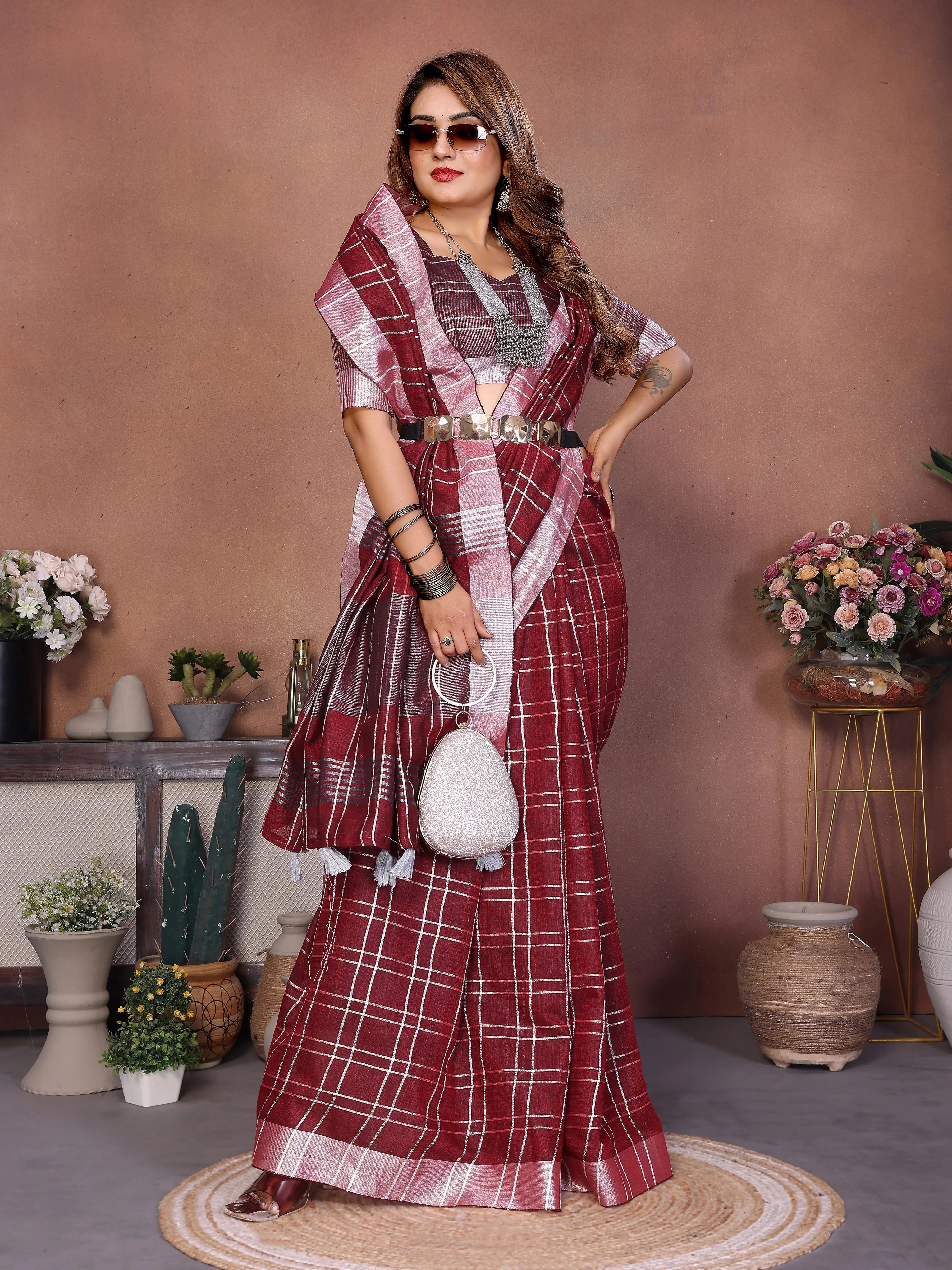 Maroon Ached Weaving Soft Linen Saree – Kalyanja